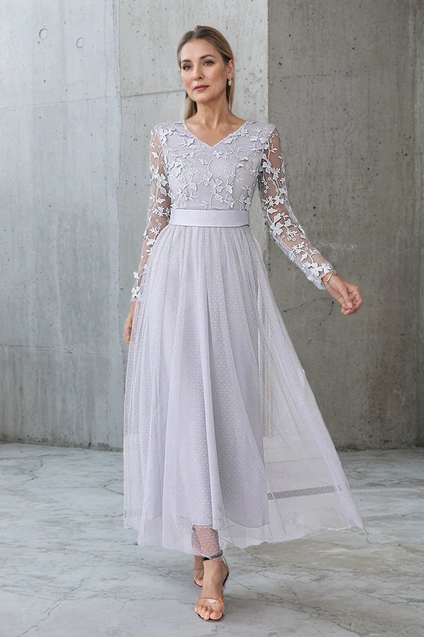 Long Sleeve Lace Silver Tea Length Mother of the Bride Dress